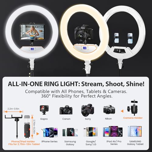 Ring Light 22inch Kit: Ring Light Tripod for iPhone ipad,with 75" Tripod/LCD Display/4 Phone Tablet Clips/2 USB Ports,LED RingLight for Barber Makeup Tattoo TikTok Video Recording Vlog (White)