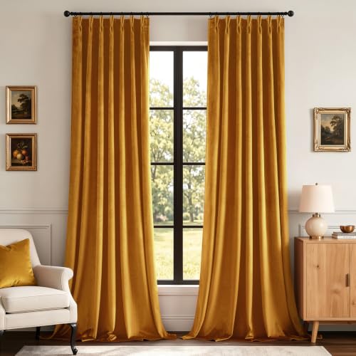 Image of MIULEE Mustard Yellow Velvet Curtains 84 inches Long, Pinch Pleated Blackout Drapes with Hooks, Thermal Insulated Pinch Pleat Panels for Bedroom Living Room, 2 Panels