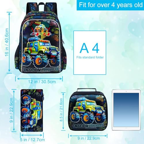 gxtvo 3PCS Boys Truck Backpack, 16" Kids Car Bookbag with Lunch Box, Water Resistant Elementary Preschool Toddler School Bag4