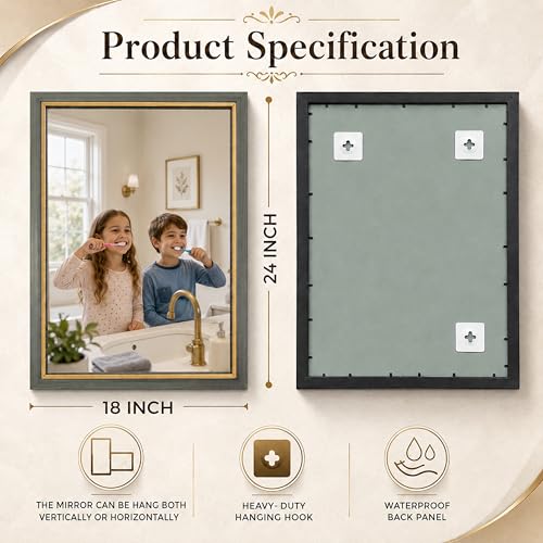 Image of Rousrie Premium Framed Glass Wall Mount Mirror, Decorative, for Bathroom, Bedroom, Living Room, Dressing Room, Wash Basin and Entryway (18 by 24 Inch) (Greyish)