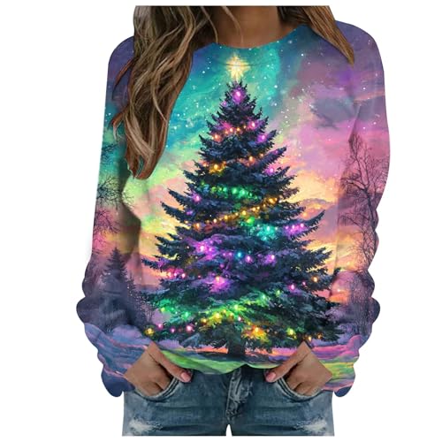 Sweatshirt femme violet col rond pull-over manches longues imprimé de Noël taille S