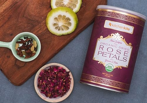 Organic Dried Red Rose Petals 4oz - Food Grade Organic Edible Rose Petal, Caffeine-free, Non-GMO, Herbal Tea - Use in Beverages, Foods, Baking, Soap-making, Crafting