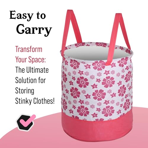 Image of Urbane Home 45L Foldable Dirty Clothes Laundry Basket With Handles For Washing - Baby Unwashed Dress Bin /Storage Box | Floral Print -Pink & White