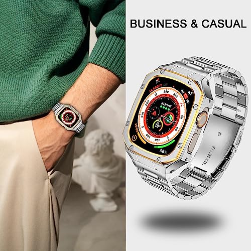 Image of BAITEYOU Stainless Steel Watch Band with Case Compatible with Apple Watch Ultra 3 2 1 band (49mm), Rugged Strap with Metal Protective Bumper Cover for iWatch Bands Men (Silver /Gold)