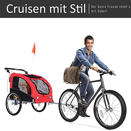 PawHut 2-in-1 Hundeanhänger, Fahrradanhänger für Hunde, Klappbar Hundewagen mit Reflektoren, Fahne, Hundefahrradanhänger Hundebuggy für Hunde bis 20 kg, Oxford-Gewebe Rot+Schwarz