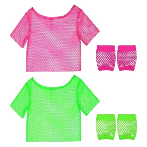 SZSMW 2 Roupas anos 80 disfarce - disfarces anos 80 - t-shirt de rede para mulher festa de vestuário de carnaval de Halloween, festa retro ou nostálgica, como hip-hop, festival de rock