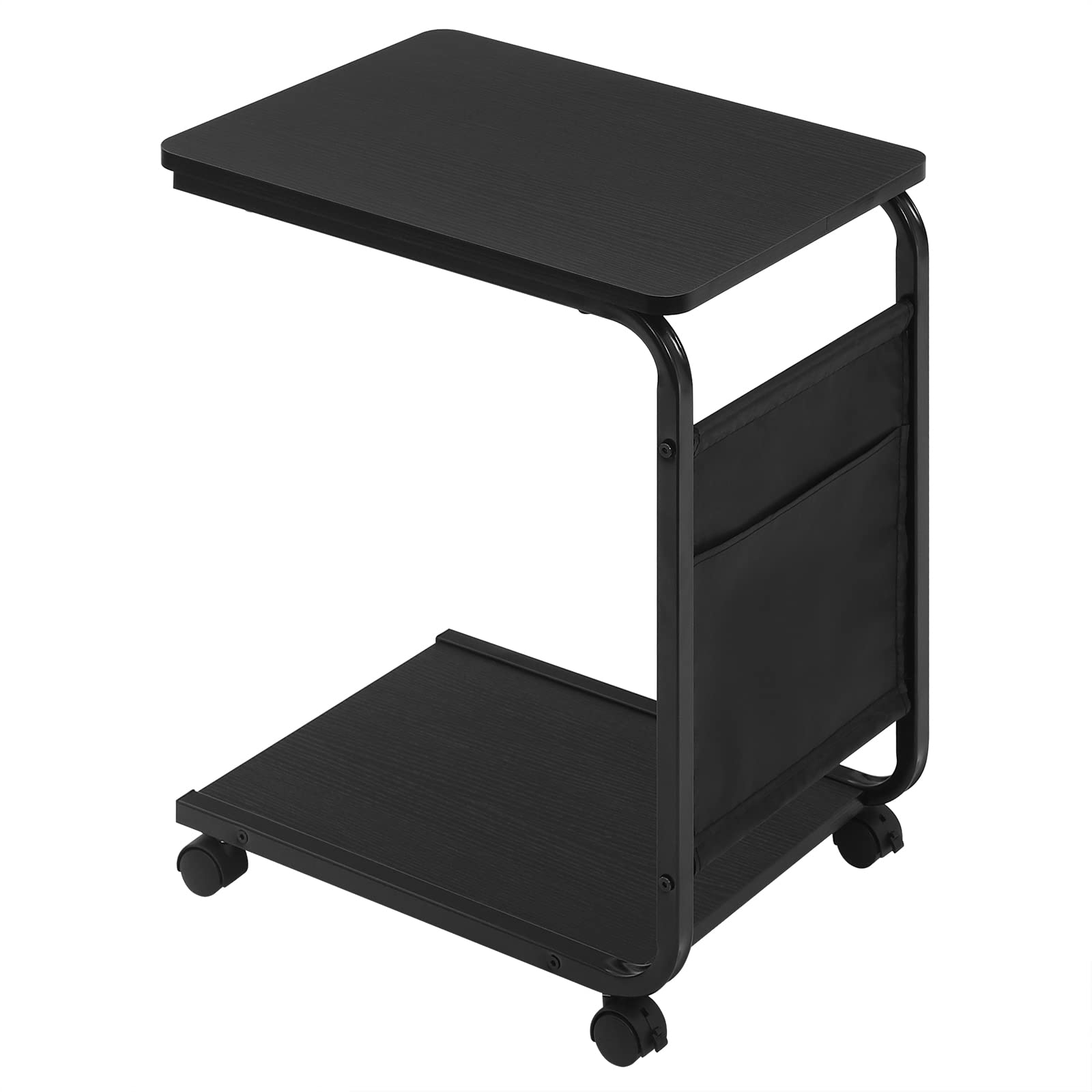 WOLTU Tavolino da caffè, Tavolo con 2 Ripiani e 1 Tasca Laterale, Tavolino Soggiorno a Forma di C, su Rotelle, per Divano Letto, in Legno Truciolare e Metallo, 50x35x62cm, Nero BTS04sz