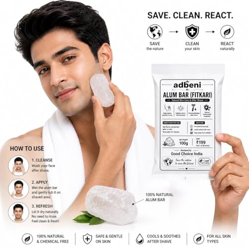 Image of Adbeni Premium Alum Bar (Fitkari) 100g x 2pcs | for Men & Women | Natural After Shave Care | For Skin Tightening, Underarm Freshness, Pimples Care & Foot Care | Travel Friendly Crystal Stone