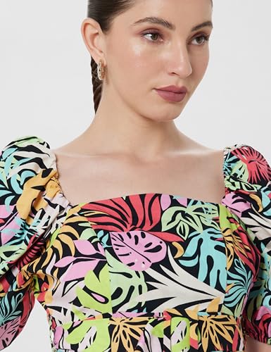 Image of ONLY Tropical Printed Square Neck Puff Sleeves Cotton Sheath Dress