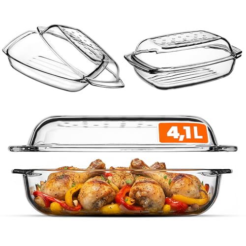 KADAX Glasbräter, Auflaufform mit Deckel aus hitzebeständigem Glas, feuerfestes Gefäß für Lasagne, Gemüseeintopf, Glasbräter zum Braten im Backofen (Rechteckig - 4.1L) KADAX Glasbräter, Auflaufform mit Deckel aus hitzebeständigem Glas, feuerfestes Gefäß für Lasagne, Gemüseeintopf, Glasbräter zum Braten im Backofen (Rechteckig - 4.1L)