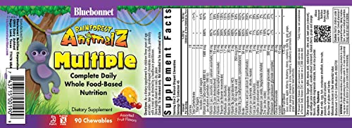 Bluebonnet Nutrition Rainforest Animalz Whole Food Based Multiple Chewable Tablets, Kids Multivitamin & Mineral, Vitamin C, D3, Iron, Gluten Free, Milk Free, Kosher, 90 Chewable Tablets, Mixed Flavors #TOP1