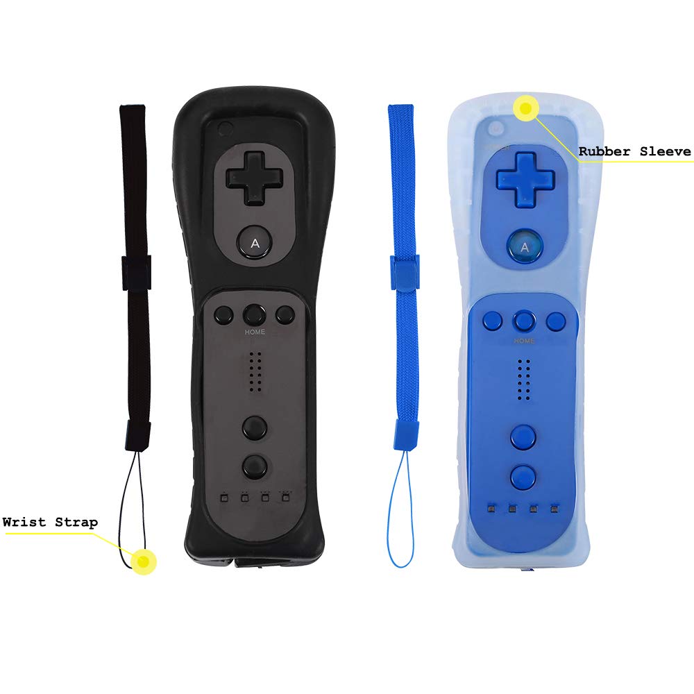 Yosikr Lot de 2 télécommandes et manettes Nunchuck compatibles avec console Nintendo Wii/Wii u – avec coque en silicone et dragonne (noir et bleu foncé)