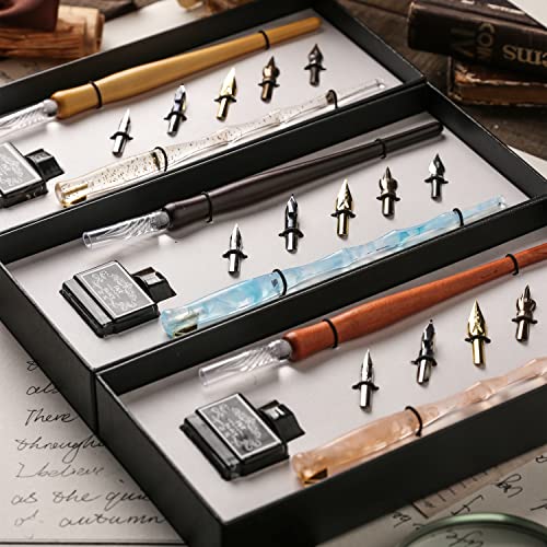 Vangoal Oblique Calligraphy Pen And Glass Pen Ink Set, Includes Crystal Oblique Dip Pen,Wooden Glass Pen,5 Different Nibs And Bottle Of Ink, Gorgeous Art & Business Gift (Orange+Pink) #TOP4