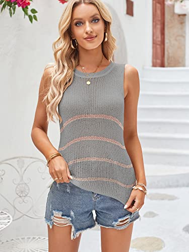 Zaful Women Summer Sleeveless Knit Tank Shirts Crew Neck Basic Hollow Out Stripe Cable Knit Sweater Tank Grey S #TOP3