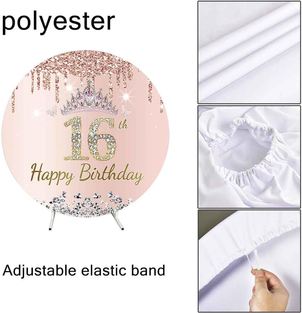 Sweet 16th Birthday Round Backdrop Cover, 7.2x7.2ft Polyester Pink Rose Gold Glitter Silver Diamonds Circle Backdrop, Chic Circular Happy 16 Bday Banner Decorations Photo Booth Prop YMBXTPH190
