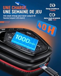 Tatybo Casque Gaming sans Fil pour PC, Ps5, Ps4, 2,4 GHz USB et Type-C avec Microphone, Batterie 40H, Casque Bluetooth pour Switch, Ordinateur Portable, Mobile, Mac, Noir-Rouge
