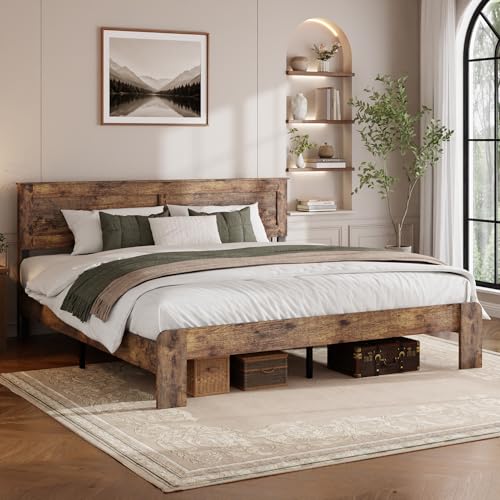 madeslves King Size Farmhouse Wood Bed Frame with Panel Headboard, Brown