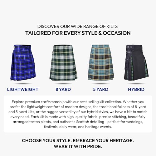 Image of 8 Yard Mens Kilt - Authentic Tartan Kilt for Men Highland Outfit for Weddings & Traditional Scottish Wear