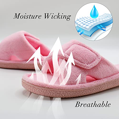 Magtoe Women's Open-Toe Slippers Summer Adjustable Hook And Loop Closure Slipper Home Slides Shoes Memory Foam Micro Suede Indoor Outdoor Coral Velvet Slipper, Pure Pink, Xl(11-12) #TOP3
