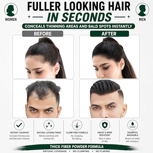 Image of THICK FIBER Fibers for Thinning Hair & Bald Spots - Conceals Hair Loss in Seconds - Volume Powder for Women & Men (Black, 56 g (Pack of 1))