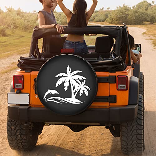 Image of Delerain Dolphin Palm Tree Spare Tire Cover for RV Trailer SUV Truck and Many Vehicle, Wheel Covers Sun Protector Waterproof (15 Inch for Diameter 27 inch-29 inch)