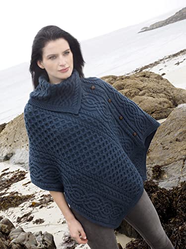 Aran Crafts Women's Cable Knit Buttoned Cowl Neck Poncho (100% Merino Wool)3