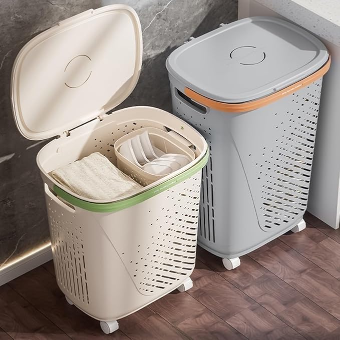 Cesto portabiancheria stretto con ruote e coperchio, design salvaspazio per camera da letto, posizionamento ad angolo ed elegante biancheria