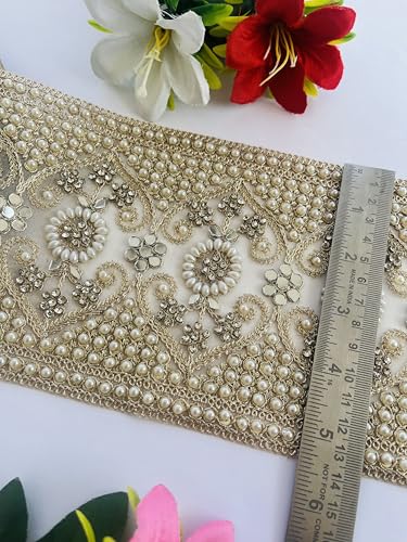 Encaje de lujo con perlas y diamantes oro pálido de 5.25 pulgadas para alta costura 6