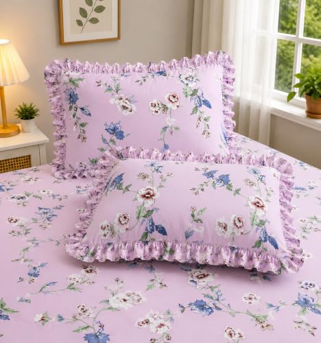 Image of Fitted Bedsheet Queen Size 300 TC Soft Cotton Feel Microfiber All Around Elastic Fitted Double Bedsheet with 2 Frill Pillow Covers | Size (60x78) Pink Lily