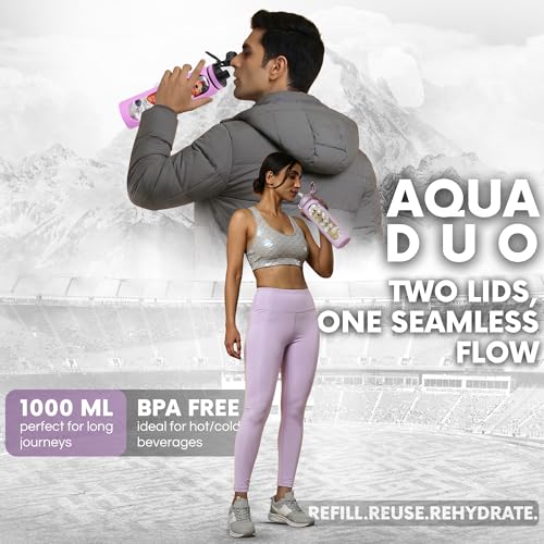 Image of 1 Litre Borosilicate Glass Bottle with Silicone Cover & 2 Lids, Motivational Straw Sipper Water Bottle For Adults with Time & Measurement, 1 Ltr Home, Office & Gym Bottles For Women & Men (Lilac)