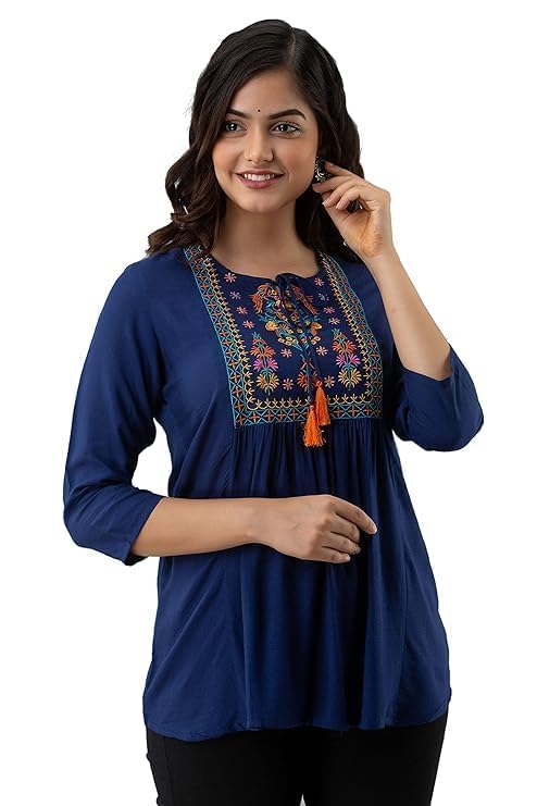 Image of Avayayat Short Kurti for Women | Embroidered Straight Rayon Kurta | Round Neck Full Sleeves Short Kurti for Women's