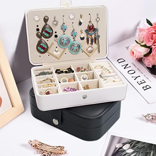 2Pcs Jewellery Box Organiser, SMFANLIN Small Travel PU Leather Jewelry Storage Case with Earrings Plate, Portable Jewelry Display Box for Rings Earrings Necklace Bracelets (White, Black)