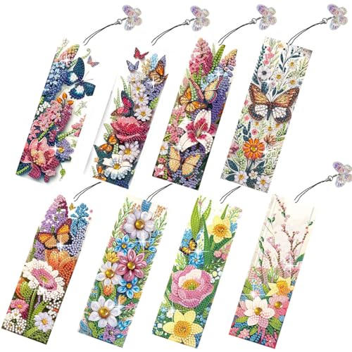 8 Pcs 5D Diamond Art Bookmarks for Reading Lovers Handmade DIY Diamond Painting Book Marks with Tassels for (Flower)