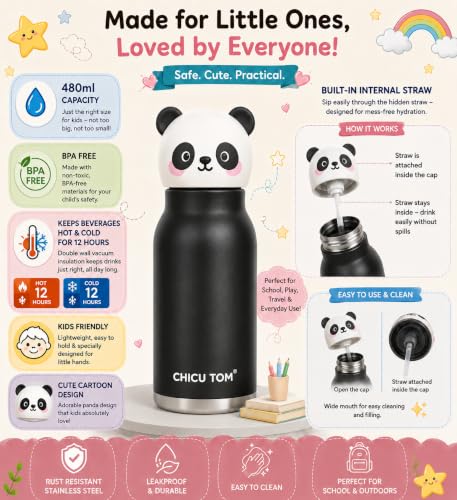Image of 480ml Stainless Steel Sipper Water Bottle with Straw | Leakproof Animal Sipper Bottle | Reusable Drinking Bottle for School, Travel & Daily Use (Panda)