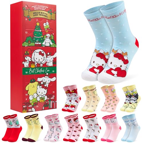 Hello Kitty Sanrio Calendario Adviento 2025 con 24 Pares Calcetines Niña Adolescentes y Mujer, 33-40, Kuromi Cinnamoroll, Regalos de Anime