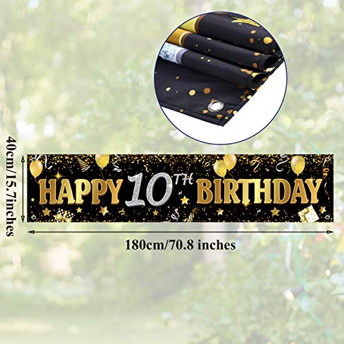 Happy 10Th Birthday Banner Horizontal Fabric Black Gold Happy Birthday Sign Banner Backdrop Background Happy Birthday Yard Sign For Kids 10Th Birthday Party Decorations Supplies, 71 X 15.7 Inches #TOP1