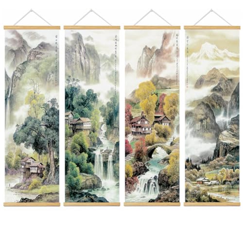 BAEMEFLE “Handmade Hanging Asian Wall Decor, Chinese traditional Ink Landscape Painting Set Fixed Wooden Hanging Scroll - 18"x30" (light green, 37L x 12W)