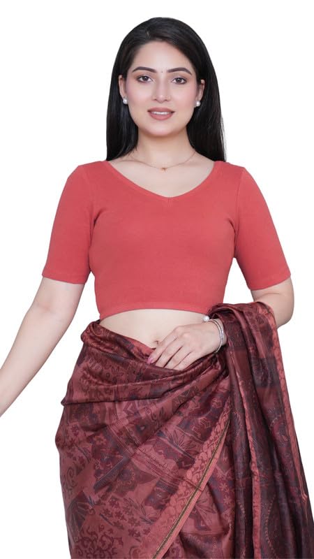 Image of Mlada V-Neck Stretchable Saree Blouse Top for Women | Slim Fit Short Sleeves Solid Cotton Blouses | Readymade Saree Blouses for Women Festive & Ethnic | Blouse Crop Top