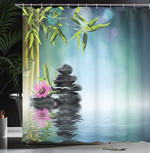 ABAKUHAUS Spa Shower Curtain, Tower Stone and Hibiscus with Bamboo on the Water Blurry Background, Cloth Fabric Bathroom Decor Set with Hooks, 94 Inches, Petrol Blue Lime Green - Image 3