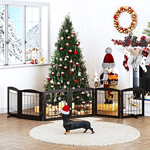 Spirich Extra Wide Dog Gate With Door Walk Through, Wooden Freestanding Pet Gate For Dog, Dog Gate For The House, Doorway, Stairs, 110'' Wide Pet Puppy Safety Fence With 6 Panels (Espresso) #TOP1
