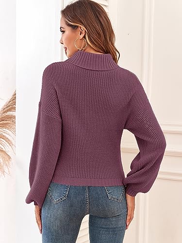 Image of ZAFUL Women's Cropped Turtleneck Sweater Lantern Sleeve Ribbed Knit Pullover Sweater Jumper