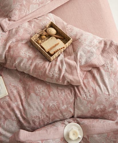 VM VOUGEMARKET Blush Pink Flower Duvet Cover Set Queen,3 Pieces Retro Jacquard Pink Floral Bedding Set,Linen Cotton Yarn-Dyed Textured Duvet Cover with Zipper Closure