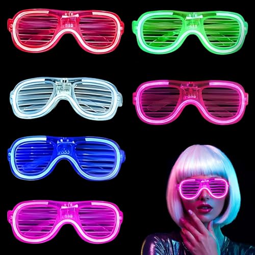 6Pcs Neon Party Glasses LED Light up Glasses Flashing Glow Sunlasses Luminous Shutter Rave Glasses for Adults 80s 90s Discos Party Concert Halloween New Years Eve Xmas Party Bag Filles(6 Color)
