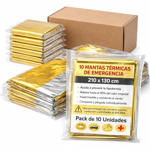 Manta Térmica de Emergencia Pack 10 Unidades – Manta Supervivencia Aluminizada Doble Cara Dorado/Plateado 210 x 130 cm – Prevención de Hipotermia para Coche, Montaña, Camping y Primeros Auxilios