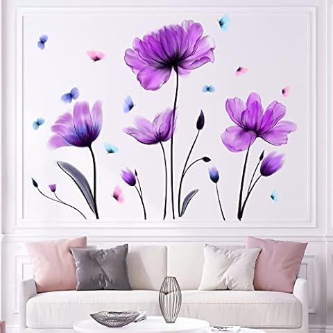 Flowers Wall Sticker Purple Floral Wall Decal Removable Butterfly Wall Stickers Self Adhesive Wall Mural for Nursery Bedroom Kids Room Cover