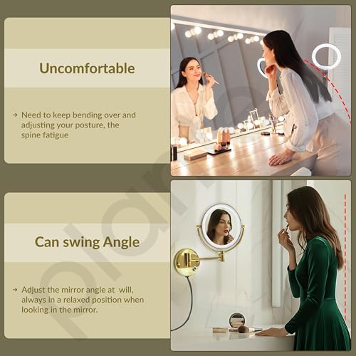 Image of Plantex Brass and 304 Stainless-Steel Magnifying Mirror with LED /Wall Mount Makeup Mirror with Light /Zoom Mirror- 5x /1x Magnification (8 Inch-Gold)