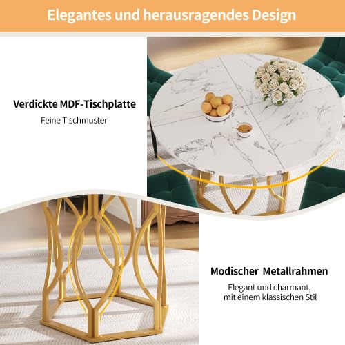 Tavolo da pranzo rotondo 100 cm con struttura in metallo dorato, tavolo da cucina rotondo con piano in marmo bianco in MDF, tavolo da pranzo per 4 persone con piedini regolabili, bianco/oro