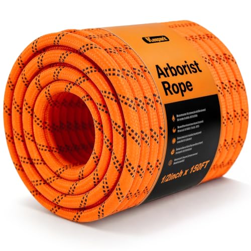 1/2 Inch 150FT Arborist Climbing Rope – 9000lbs Heavy Duty Static Bull Rope for Tree Work, Rigging, Rappelling & Pulling, Double-Braided with 28-Strand Core & Reinforced Dual Outer Cover - Orange