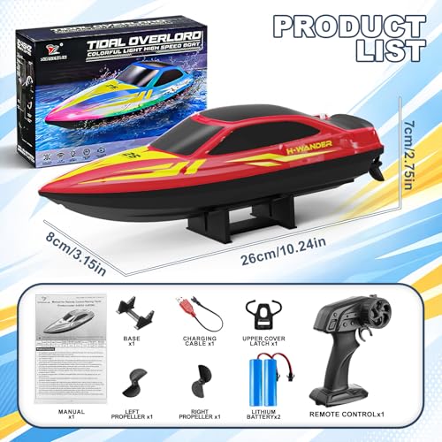 Ferngesteuertes Boot mit LED Beleuchtung,7 Lichtmodi,2.4 GHz RC Boot mit bis zu 15 km/h,Auto-Flip & Sicherheitswarnung,2 Akkus,für Pool und See als Wasserspielzeug,Geschenk für Jungen und Mädchen.—Rot