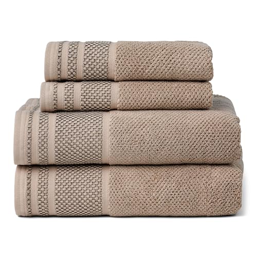 Texere 100% Organic Cotton Rice Weave Jacquard 700 GSM Luxury Bath Towel Sets - Ultra Soft and Absorbent Hotel and Spa Quality (Rice Weave, Oxford Tan, 2 Bath & 2 Hand Towels)